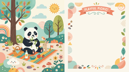 This whimsical vector illustration features a happy panda and a small rabbit enjoying a playful picnic in a vibrant, sunlit forest setting. © Regina