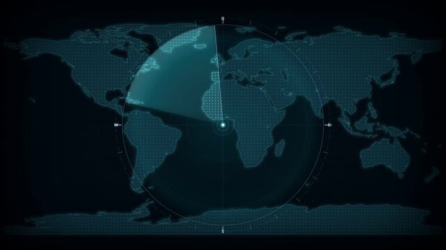 Digital world map radar background with rotating scan beam and target signals
