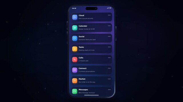 Smartphone notification interface scrolls through colorful alerts and app updates
