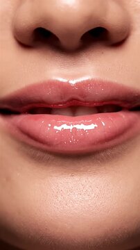 Shiny nude lip gloss on full lips.