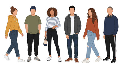 Obraz premium Professional vector collection featuring different man and woman wearing casual everyday outfits, comfortable t-shirts, hoodies, denim jeans, sneakers, relaxed modern clothing