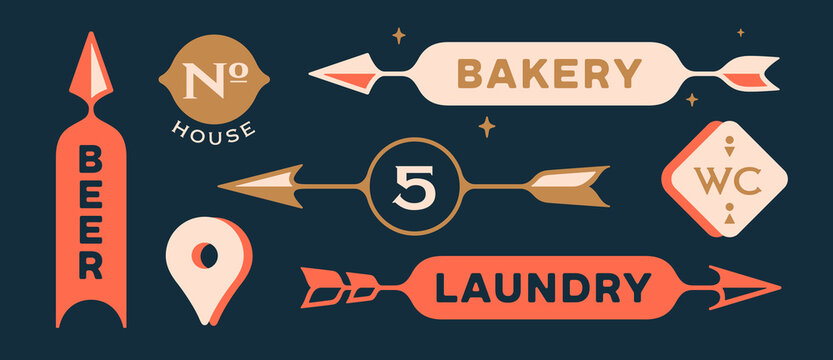 Wayfinding arrows. Directional signs collection. Vintage arrow set, banners with inscription. Design elements in retro style, navigation sign, signboard arrows pack, signage. Vector Illustration