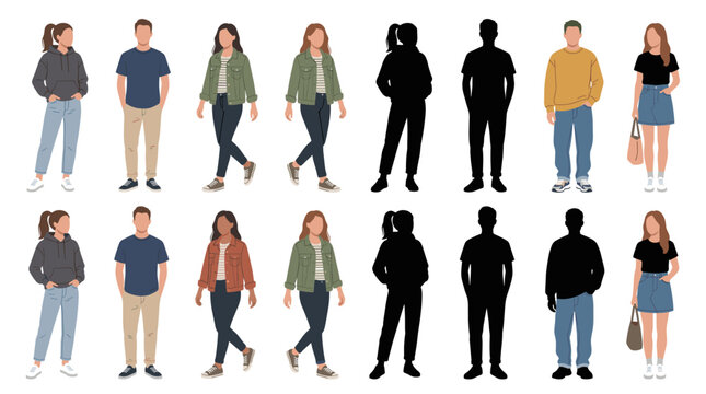 Professional vector collection featuring different man and woman wearing casual everyday outfits, comfortable t-shirts, hoodies, denim jeans, sneakers, relaxed modern clothing