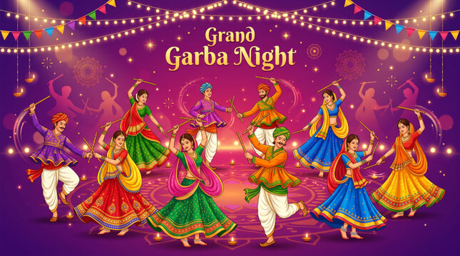 Grand Garba Night Celebration with Traditional Dandiya Dancers Under Festive Lights for Navratri Event Banner