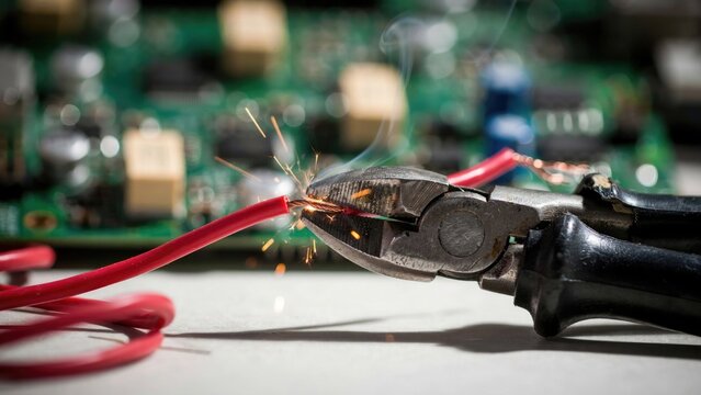 Electrical wire cutting with pliers circuit board repair and electronics troubleshooting concept