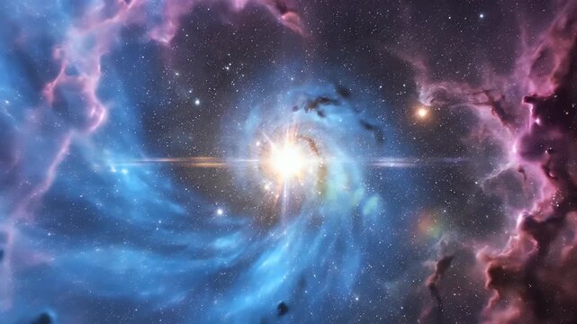 Vibrant cosmic nebula swirls with a bright central star and distant stellar points