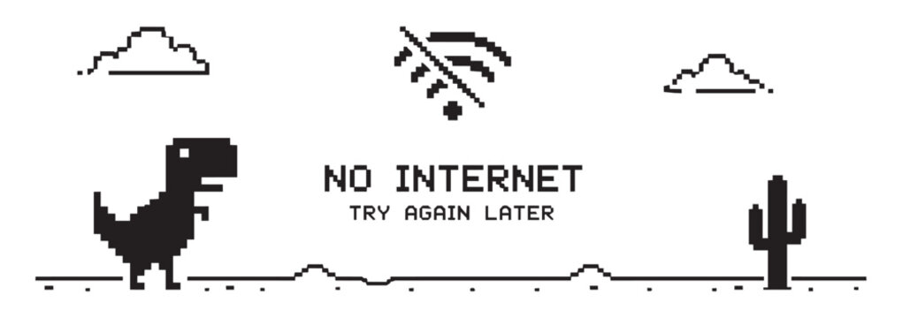 No internet connection error screen with offline dinosaur game and broken wireless signal vector illustration