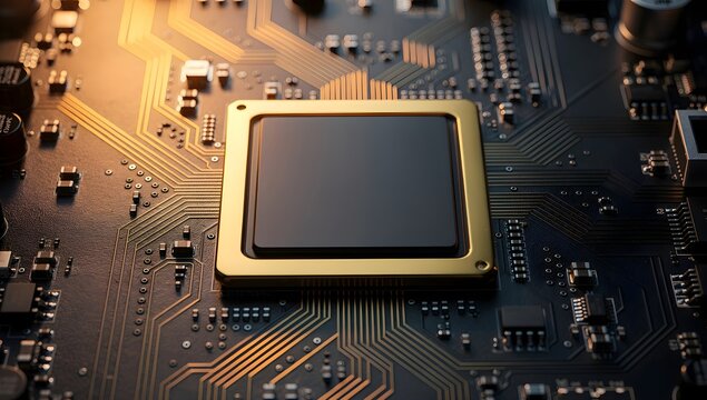 Advanced microprocessor chip on modern motherboard, high performance computing concept, digital semiconductor architecture and next generation hardware technology background