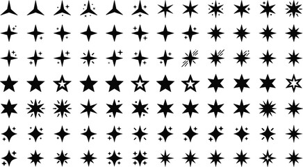 Sparkling magic star and twinkle icon silhouette set featuring celestial bursts retro sparkles festival decorations and night sky elements © MSTAKLIMA
