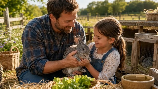 Father Teaching Daughter How To Hold And Care For Rabbit On Farm