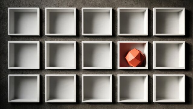 One Unique Orange Geometric Object in a Grid of Empty White Cubes.