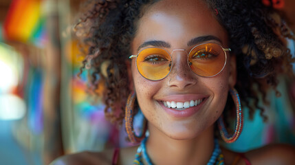 Young woman smiling at the camera with yellow sunglasses and hoop earrings in a colorful summer festival scene. © Shootdiem