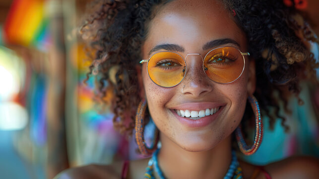 Young woman smiling at the camera with yellow sunglasses and hoop earrings in a colorful summer festival scene.