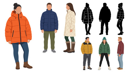 Set of vector collection featuring different man and woman wearing insulated puffer jackets, modern quilted winter coats, casual winter outfits, zipped puffer jackets © mehdik