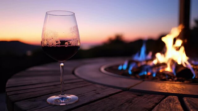 Glass of red wine by a fire pit at sunset, warm hues