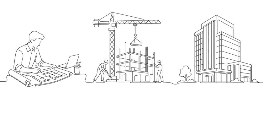 Continuous line drawing of architect designing building, construction site with workers and crane, and finished modern building, architectural project development concept