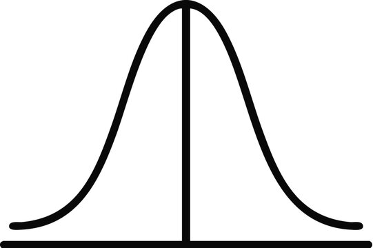 Normal distribution curve stands as a clean black line graphic on a white background to represent statistical probability and mathematical standard deviation.