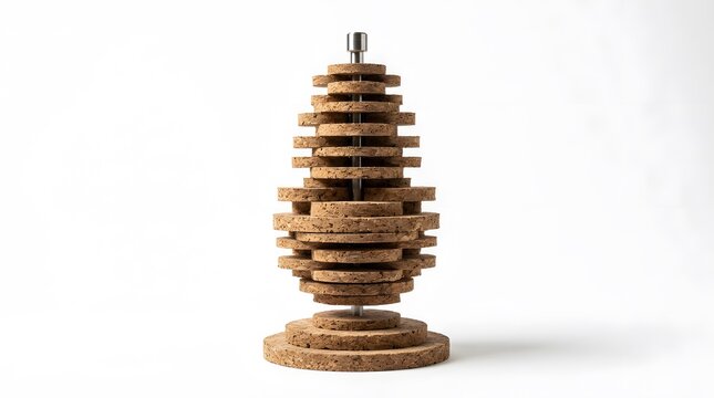 Abstract sculpture made of stacked circular cork discs on a metal rod isolated on white background