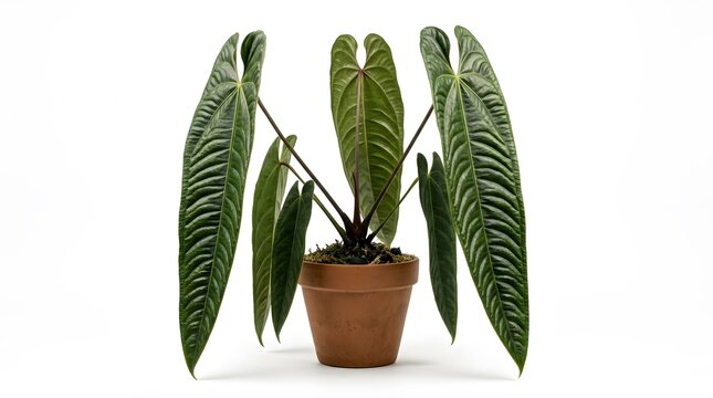 Anthurium veitchii king plant with long pendulous green leaves in a terracotta pot setup