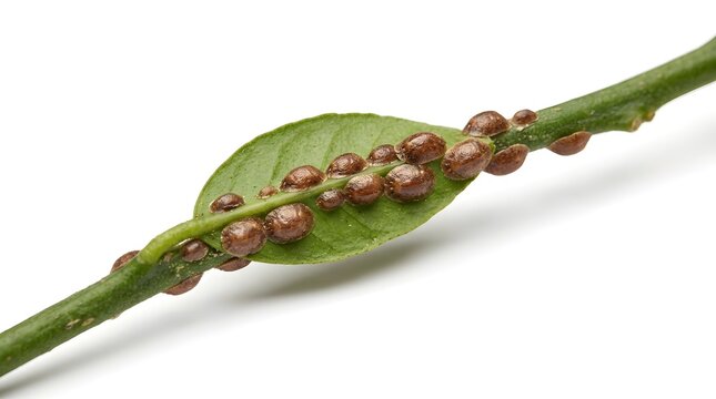 Brown scale insects infesting a green plant stem and leaf in a macro close-up view