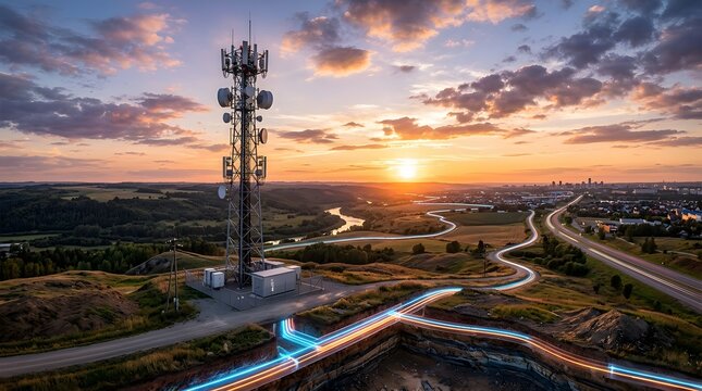 Telecommunications mast with fiber optic lines running through landscape