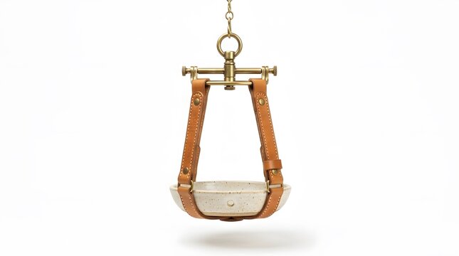 Decorative hanging bowl with brown leather straps and brass hardware against a plain white backdrop