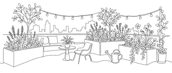 Fototapeta premium Continuous line drawing of a cozy rooftop terrace with plants, flowers, furniture, and city skyline view minimalist vector illustration of an urban balcony garden with string lights