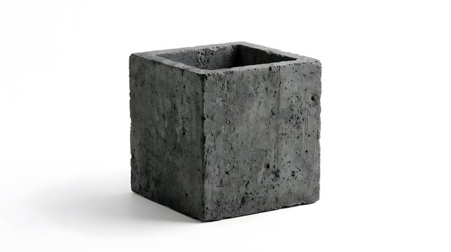 Empty dark grey concrete cube container isolated on white background, for minimalist decor use