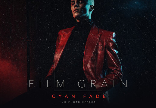 Vintage Analog Film Grain Photo Effect Template - Faded Retro Cyan Halftone Grainy Film Noise Fashion Magazine Portrait
