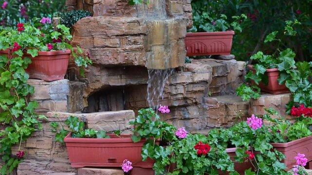 A decorative tiered stone garden fountain features a gentle water cascade and is adorned with terracotta planters filled with vibrant blooming red and pink geraniums.