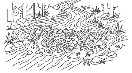 Fototapeta premium Polluted river with plastic bottles, tires, and debris in a forest setting.