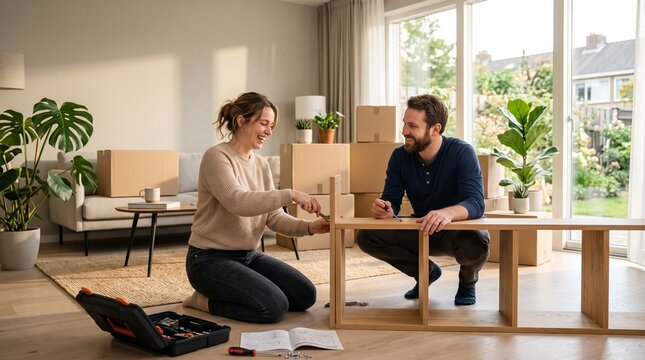 Smiling couple assembling furniture in a modern, newly decorated living room, with neutral moving boxes in the background.