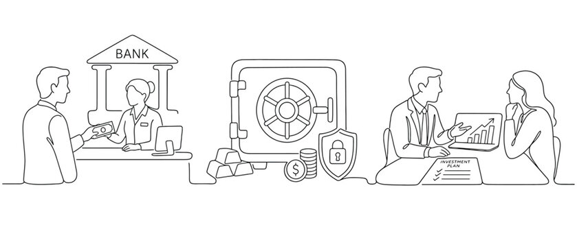 Continuous line drawing of banking and investment services bank teller, safe deposit box with gold bars and coins, and financial advisor showing investment plan to a client vector illustration