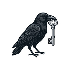 Obraz premium Black crow holding vintage silver key in its beak.
