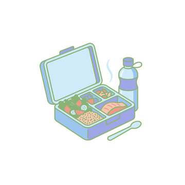 Bento lunch box with water bottle and spoon illustration.