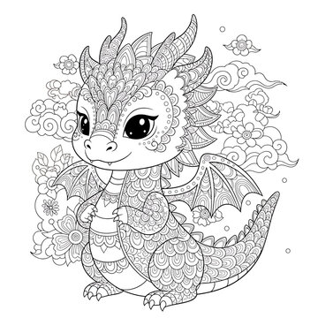 Cute baby dragon with intricate mandala patterns, surrounded by flowers and clouds, for coloring pages and fantasy art