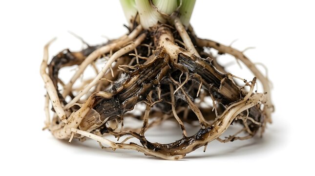 Macro close-up of plant root system with fibrous details isolated on a plain white background