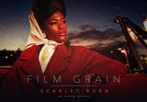 Vintage Analog Film Grain Photo Effect Template - Heavy Retro Scarlet Red Grunge Grain RGB Split Fashion Magazine Portrait