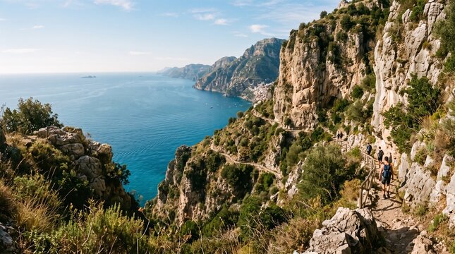 A panoramic view of the rugged Mediterranean coastline along the Path of the Gods, featuring steep limestone cliffs, rocky hiking trails, and the shimmering azure Tyrrhenian Sea on a sunny day.
