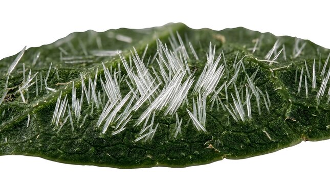 Macro view of a green leaf surface covered with fine white trichomes and sharp plant hairs