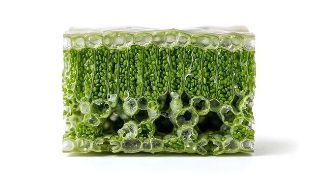Microscopic cross section of a green leaf showing cellular structure and internal plant anatomy