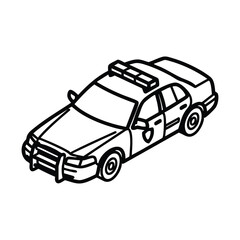 Black and white line art drawing of a police patrol car with light bar and push bumper, viewed from an isometric angle. © Orko Talukdar