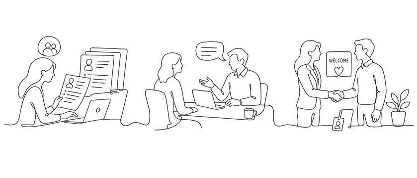Continuous line drawing of recruitment process, hiring, job interview and onboarding hr manager reviewing resumes, interviewing candidate and welcoming new employee with handshake, vector illustration