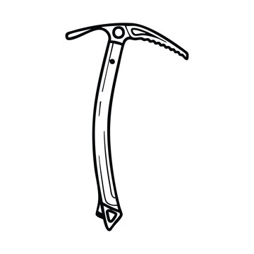 A black and white line art illustration of a single ice axe, a crucial tool for mountaineering, ice climbing, and glacier travel, depicted with its pick, adze, shaft, and spike.