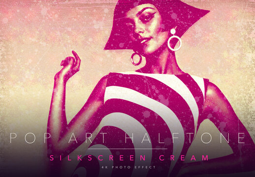 Silkscreen Pop Art Halftone Photo Effect Template - Vintage Retro Magenta Ink on Cream Paper Screen Print Poster Look