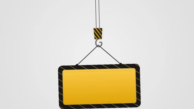 Crane hook lifting a blank yellow industrial sign frame with copy space for banner or construction message