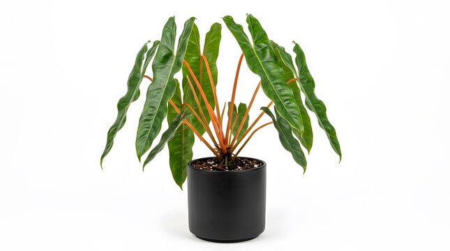 Potted philodendron billietiae houseplant featuring elongated green leaves and orange stem bases