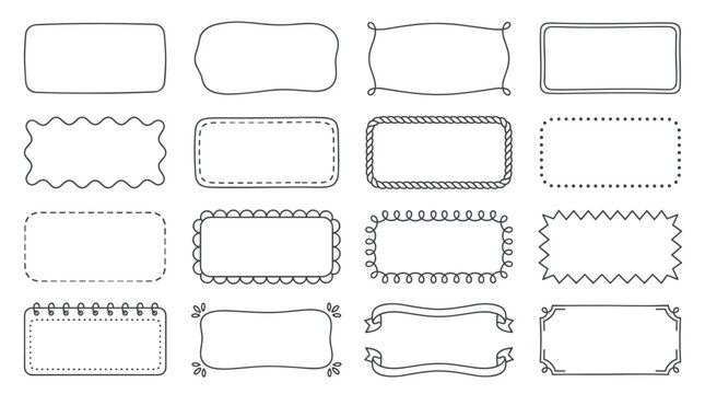 Set of doodle frames. Simple cute hand drawn borders for text or photos. Rectangle shape with various decorative lines.