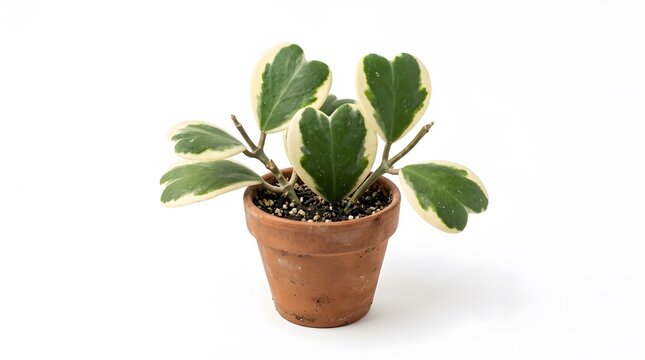 Small hoya kerrii variegata plant with heart shaped leaves in a terracotta pot on white background