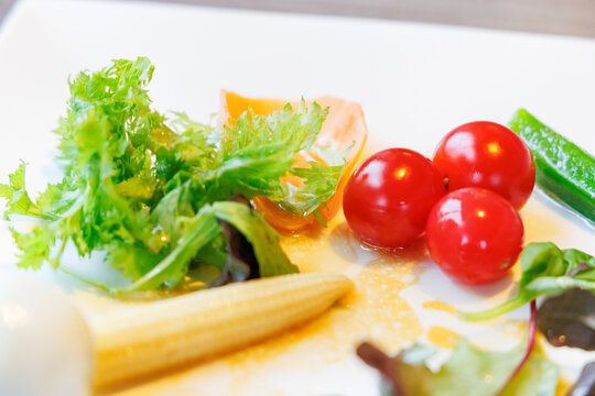 色鮮やかな新鮮野菜とプチトマトのサラダプレート